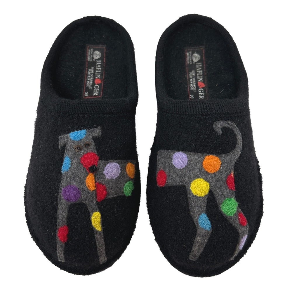 Haflinger Womens Jack Slippers EU 38 US 7 Felix Dog Black Boiled Wool Polka Dot